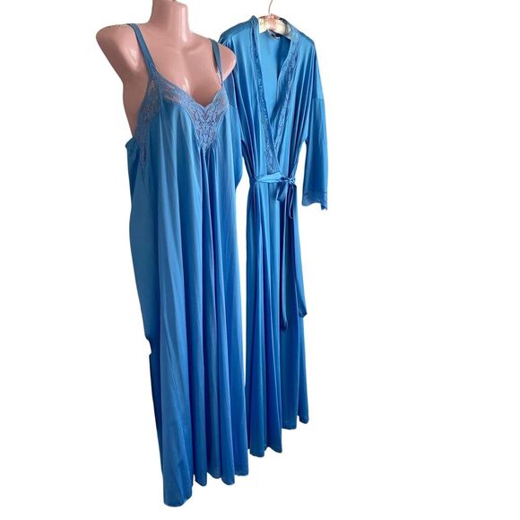 Vintage Vanity Fair Nightgown Robe Set Womens Large Blue Nylon Lace Trim 80s USA - Picture 2 of 6